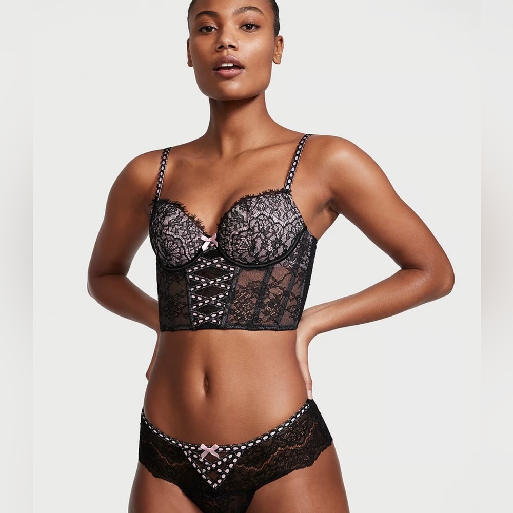 Victoria Secret Corset Floral Lace Bra Top 34DD Dream Angeles Ribbon Slot NWT$85